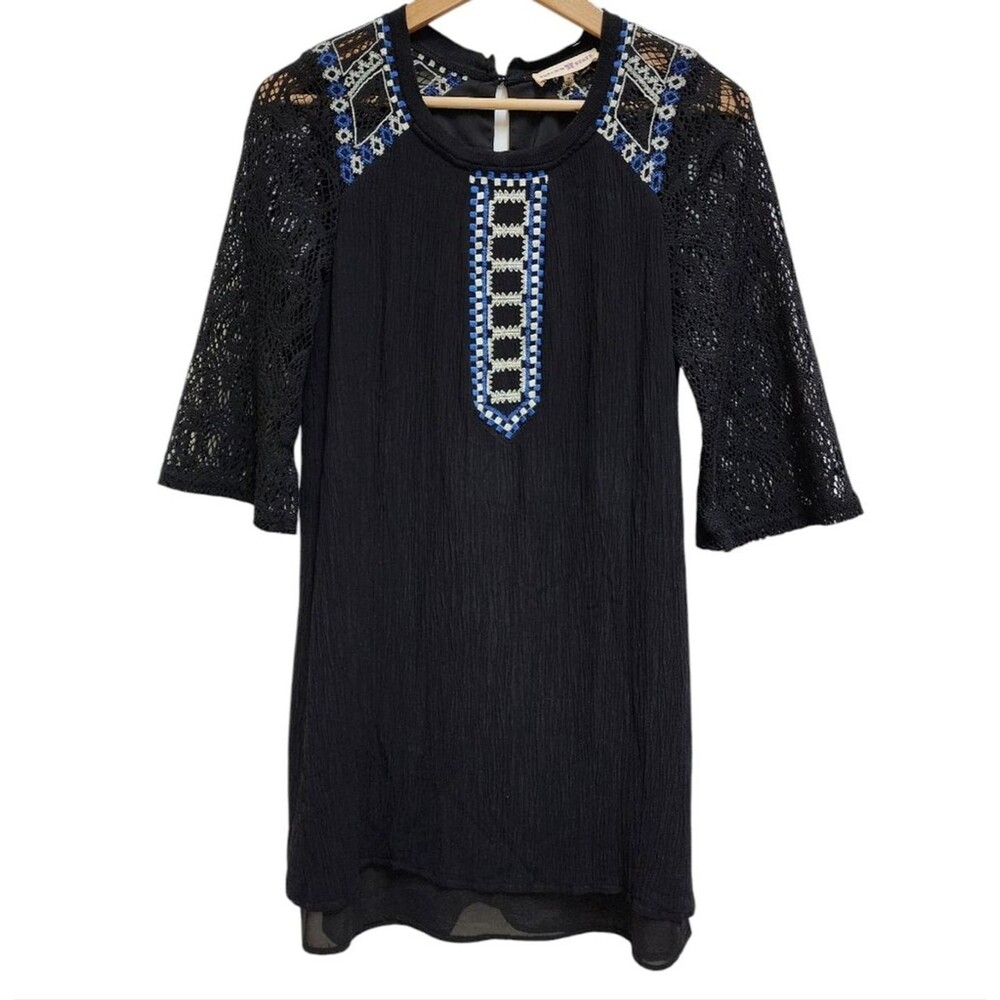 Altar'd State Dress M Black Blue Linen Blend Embroidered Lace Slv Tribal Crinkle